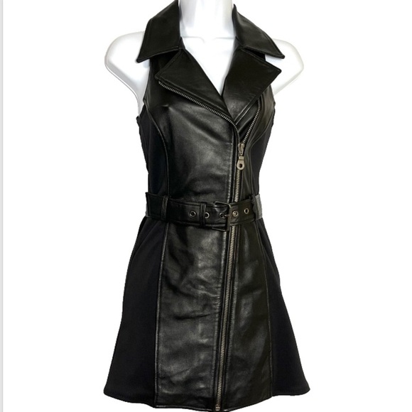 Y2K Leather Biker Vest Mini Dress Full Zip Belted Moto Punk Rocker Goth Club XS - Picture 1 of 6